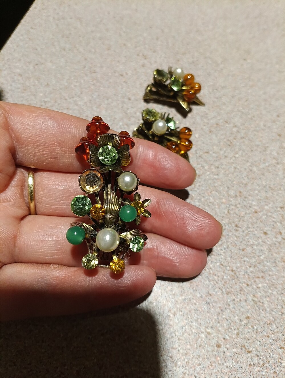 vintage, Gold-Tone Floral Cluster Brooch Set with Green and Amber Accents